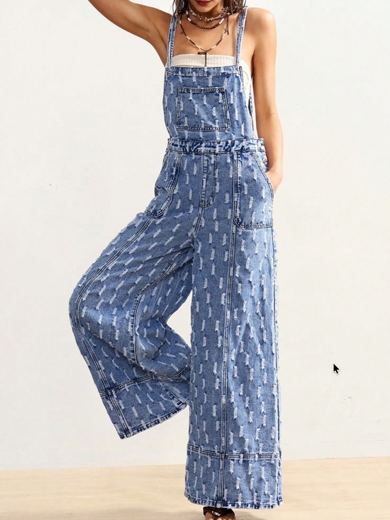 Denim - Light Wash Distressed Double Strap High Waisted Wide leg bibs Overalls